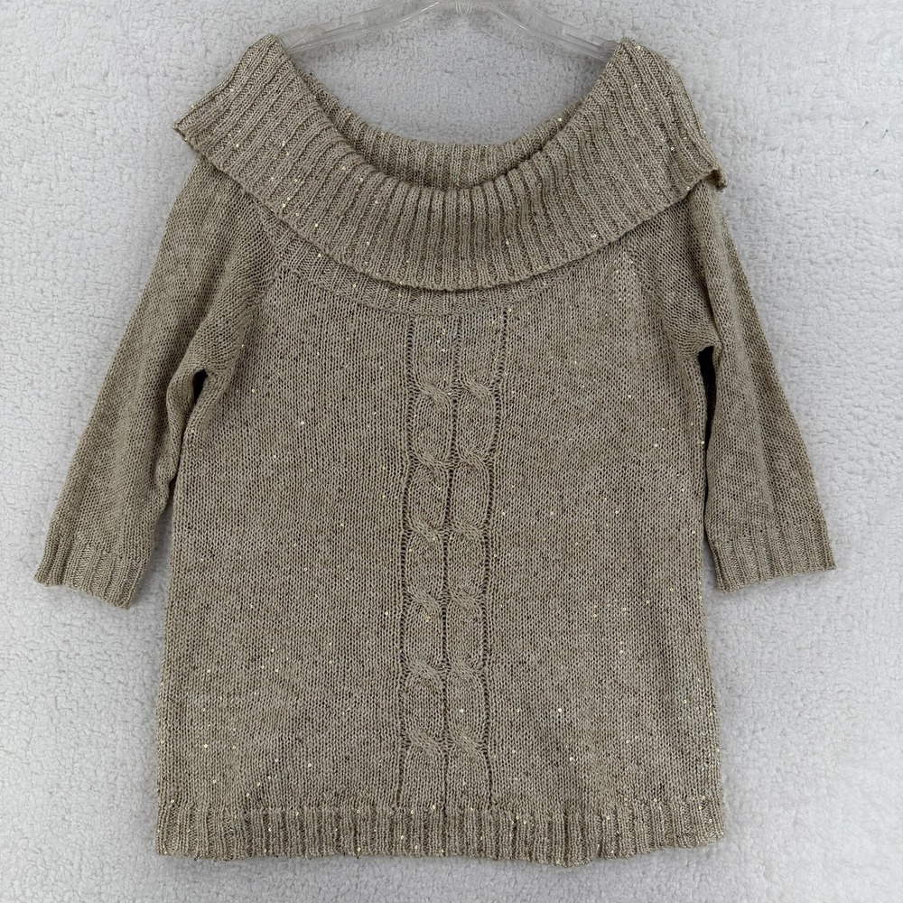 Baby Phat Sweater Womens 2X Beige Sequin Cowl Neck Tunic 3/4 Sleeve Knit Shimmer